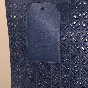 Tory Burch blue leather beach small tote.